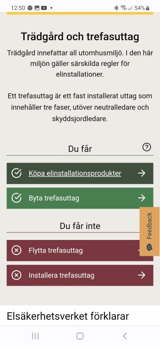 Skärmavbild på artikel om trädgård, trefasuttag, regler för elinstallationer, vad som är tillåtet och förbjudet.