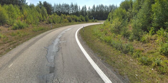 Asfalterad väg som svänger, skog runtomkring, solig dag, inga fordon eller personer synliga.