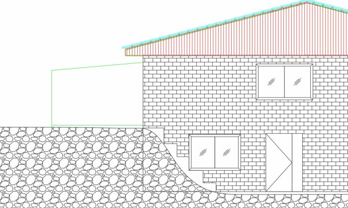 Tecknad fasadritning av hus med tegelvägg, fönster, dörr och stenbelagd mark.