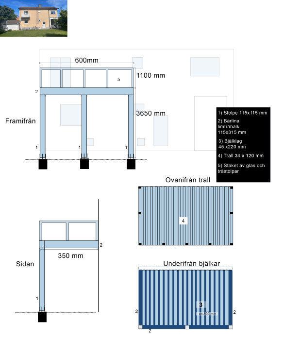 Tekniska ritningar av balkong, inkluderar mått och materialspecifikationer, fram-, sid- och ovansiktsvyer, utan textbeskrivning.