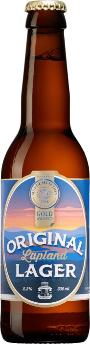 Brun flaska öl med etikett, "Original Lapland Lager", guldmedalj, 5,2% alkoholvolym.