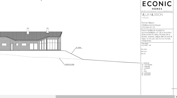 Arkitektonisk ritning av enplansvilla med beskrivningar, kontaktdetaljer och byggnadsarea, där del av en trädgård visas.