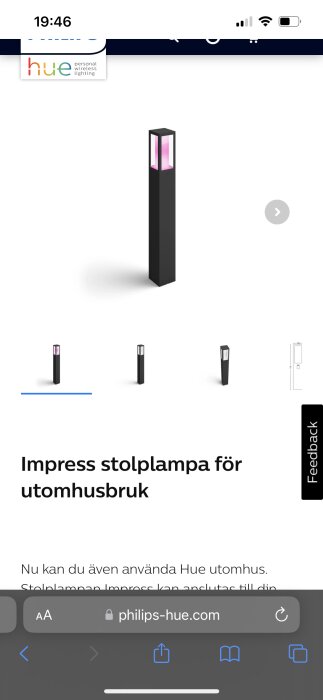 Reklamsida för Philips Hue Impress stolplampa, anpassad för utomhusbruk, möjlig webbshop.