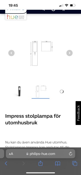 Skärmdump av webbsida, Philips Hue utomhusbelysning, tekniska ritningar och produktbild, text på svenska.