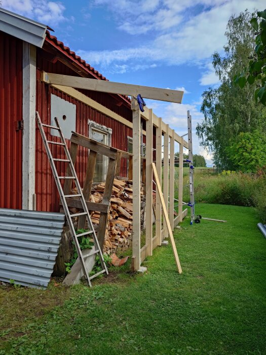 Byggarbetsplats utomhus, röd stuga, vedstapel, stegar, träkonstruktion, grönt gräs, molnig himmel.