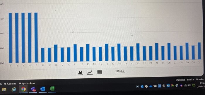 Energianvändning över en månad visas i stapeldiagram, mätt i kilowattimmar, varierande konsumtion per dag.