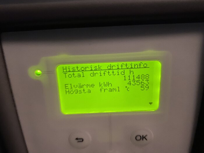 LCD-display visar historisk driftinformation på svenska med belysning, energiförbrukning och temperaturdata, omgiven av knappar.