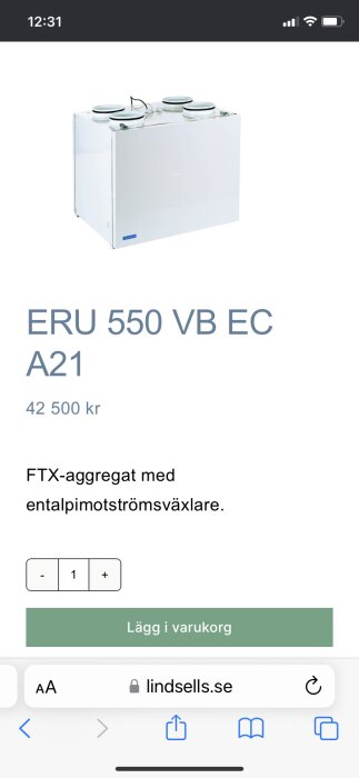 Vit ventilationseenhet med belysning, batteriindikatorer, webbsida, produktinformation, pris, köpalternativ, företagswebbadress.