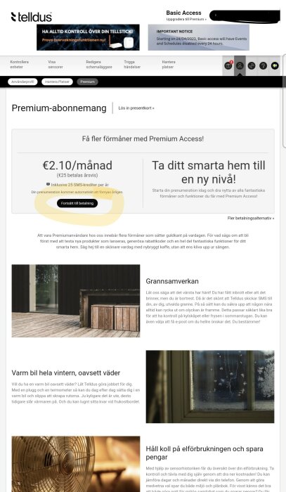 Skärmdump av Tellus webbsida för premiumabonnemang, text på svenska, €2.10/månad, smarta hem-funktioner, gråaktig design.