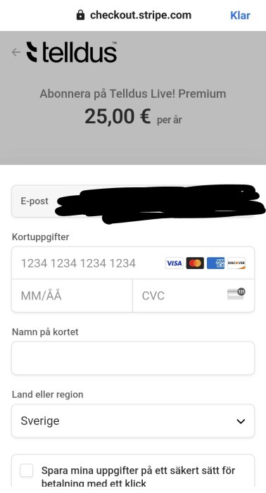 Betalningssida för Tellus Live! Premium prenumeration, kostar 25 euro per år, med Stripe. E-post och betalningsinformation ifyllda.