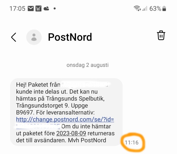 Meddelande från PostNord om paket tillgängligt för upphämtning hos lokal spelbutik.