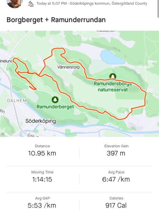 Kartskärm av löpaktivitet; 10,95 km i Söderköping; naturreservat; tid, höjdökning och tempo registrerat.