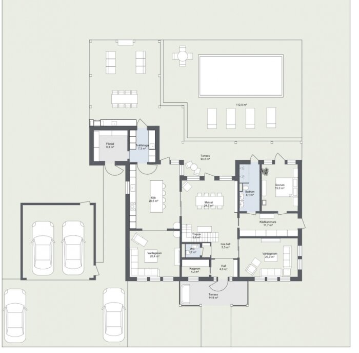 Arkitektonisk ritning av en villa med våningar, rum, möbler, terrasser och garage för två bilar.