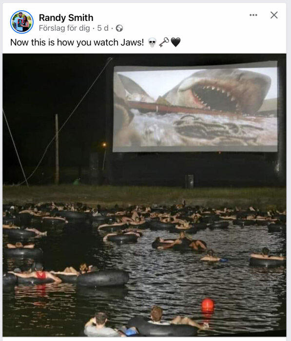 Publik i vatten på uppblåsbara ringar tittar på "Jaws"-film utomhus på en stor skärm.