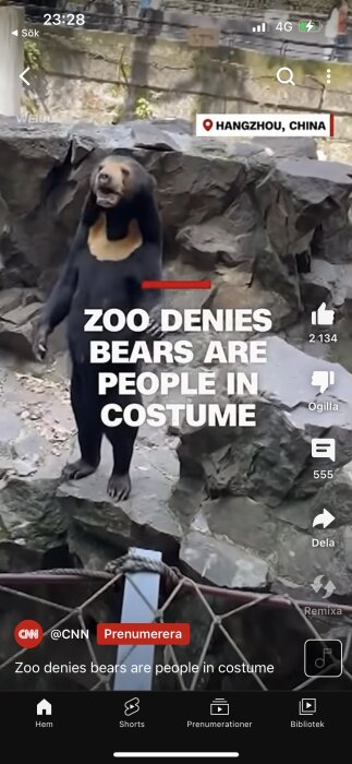 Skärmdump från mobil med video om zoo som förnekar björnar är människor utklädda.