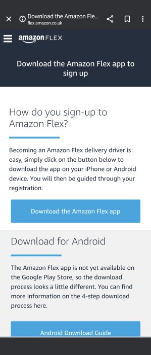 Webbsida som visar hur man laddar ner Amazon Flex appen för leveransförare, ej i Google Play Store.