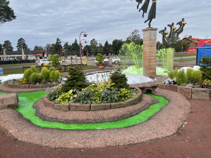 Fontän med grönt vatten, skulpturer, blommor, stadsmiljö i bakgrunden.