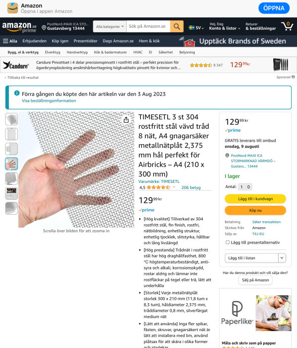 Skärmbild av Amazon.se som visar rostfritt stålnät, recensioner, pris och köpalternativ.