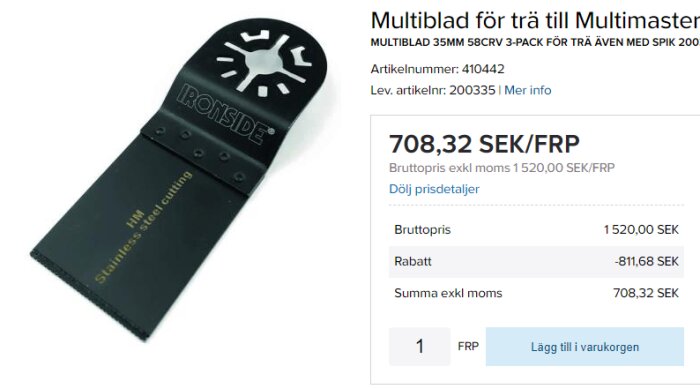 Multiblad för Multimaster, 35mm bred, svart och silverfärgad, med priset och köpoption på en webbsajt.