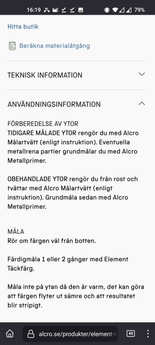Skärmdump av webbsida med instruktioner för målning och förberedelse av ytor på svenska.