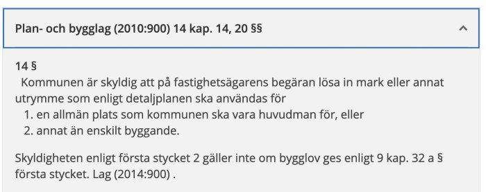 Skärmdump av svensk text om Plan- och bygglagen angående markinlösen skyldigheter för kommunen.