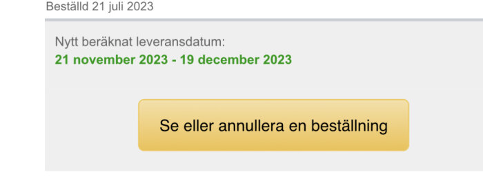 E-handelssida visar uppdaterat leveransdatum för en beställning mellan 21 november och 19 december 2023.