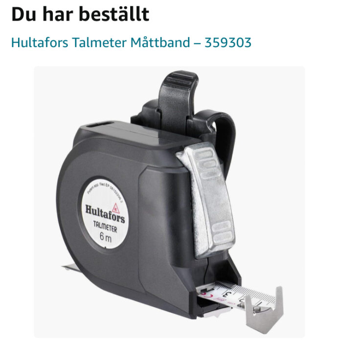 Ett svart Hultafors Talmeter måttband på 6 meter, bekräftelse på beställning.