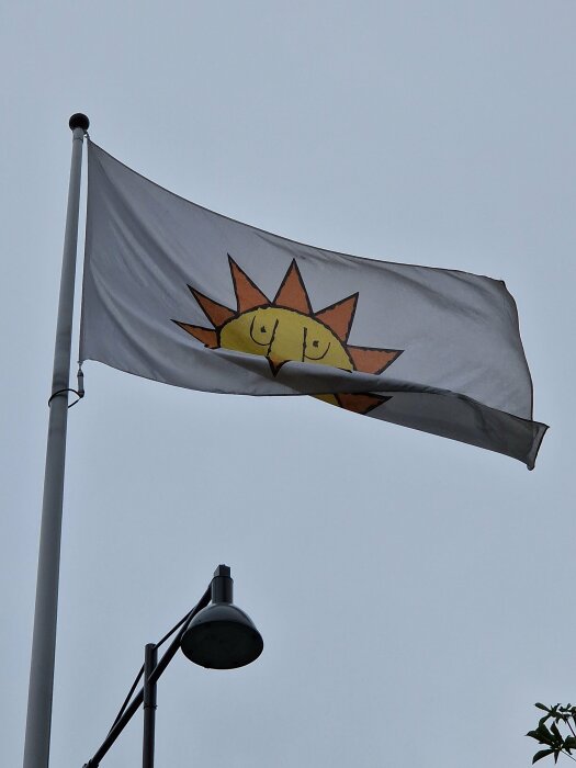 En flagga med solmotiv vajar på en stolpe vid sidan av en gatlykta mot en grå himmel.