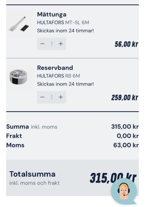 Onlineköp av mätverktyg, kostnad 315 kr, fri frakt, inklusive moms.