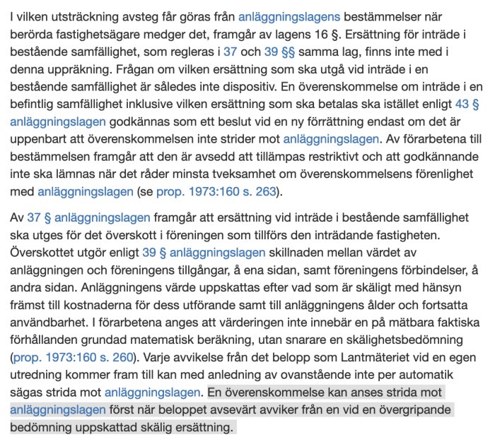 Text på svenska om anläggningslagen och ersättning vid inträde i samfällighet.