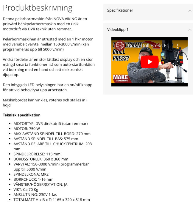 Produktbeskrivning av en pelarborrmaskin; tekniska specifikationer, bild på användning och video länk.