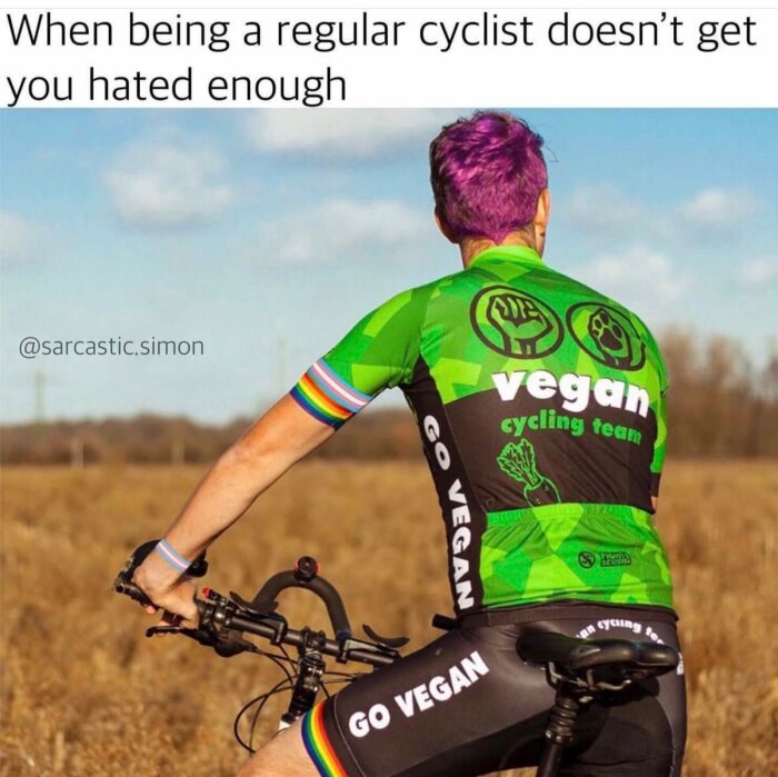 Cyklist med lila hår, färgstark vegantröja och budskapet "GO VEGAN". Memetext antyder att personen sticker ut.