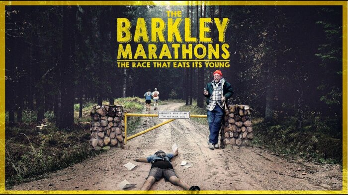 Affisch för Barkley Marathons, löpare vid målgång, man utklädd till arrangör, humoristisk, skogsmiljö, påfrestande lopp.