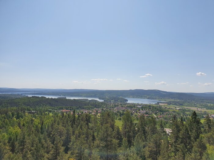 Panoramautsikt över en grön dal med sjö, skog och bebyggelse under klarblå himmel.