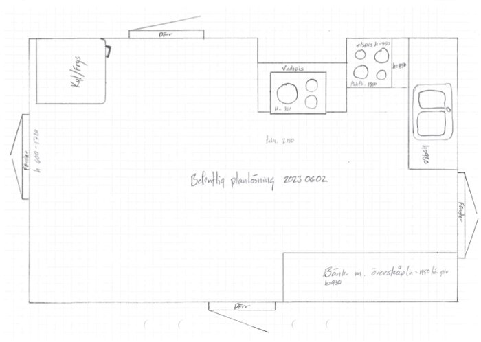 Ritad planlösning av rum med möbler och måttangivelser, daterad 2023-06-02, enkelt skissad layout.