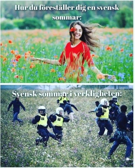 Övre bild: Kvinna leende i blomsterfält. Nedre bild: Poliser i skyddsutrustning på ett fält. Meme om svensk sommar.