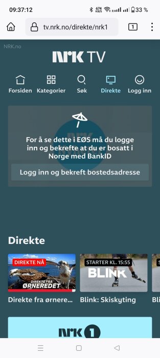 Skärmdump av NRK TV-app med boendebekräftelse-notis, fåglar, och ett kommande sportevent.