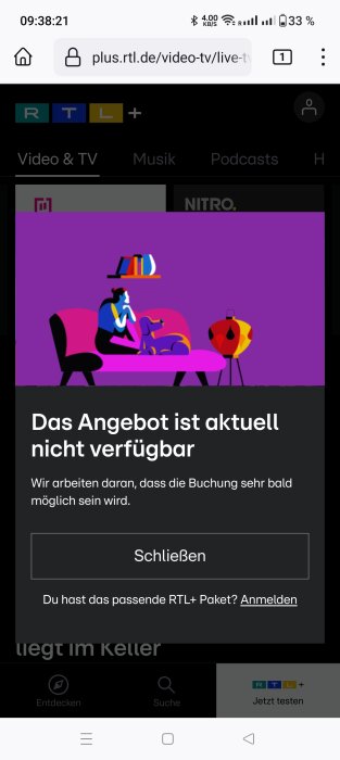 En skärmdump som visar ett meddelande på tyska om att en tjänst inte är tillgänglig på en streamingplattform.