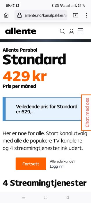 Reklam för "Allente Parabol Standard" TV-paket med prisinformation och ett erbjudande om streamingtjänster.