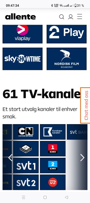 Skärmdump av TV-tjänst med logotyper för olika kanaler och menyflikar. Text på svenska.