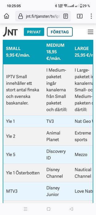En skärmdump av TV-abonnemangstjänster med olika paket och priser på en webbplats.