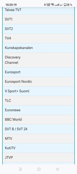 Skärmdump från en enhet visar en lista över TV-kanaler med tid- och anslutningsstatus.