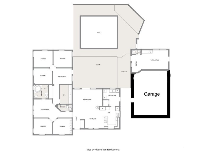 Planritning av ett hus med sovrum, badrum, vardagsrum, kök, garage, altan och pool.