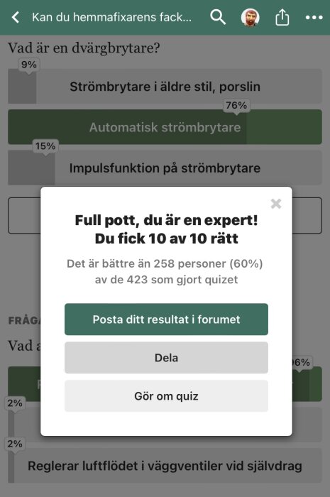 Skärmdump av quizresultat med text "Full pott, du är en expert! Du fick 10 av 10 rätt".