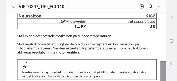 Svensk text om inställningar för neutralzon, temperaturvariation och regulator på tekniskt dokument.