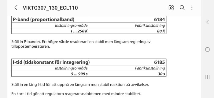 Svensk text om P-band och I-tid inställningar för regulator, fabriksinställningar angivna, temperaturreglering.