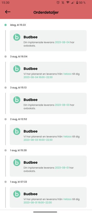 Leveransstatusuppdateringar från Budbee, avbokade och planerade leveranser från VetZoo, skärmdump från mobil.