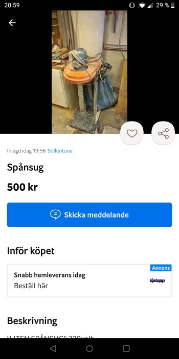 En bild på en spånsug till salu för 500 kronor publicerad i en annonsplattform.