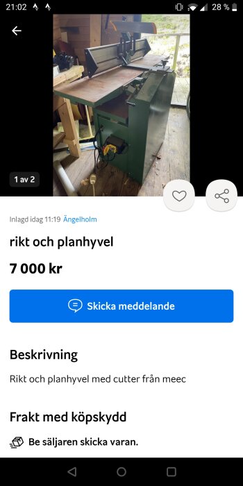 Skärmbild av annons för en rikt och planhyvel från meec, säljs för 7000 kr, inlagd i Ängelholm.