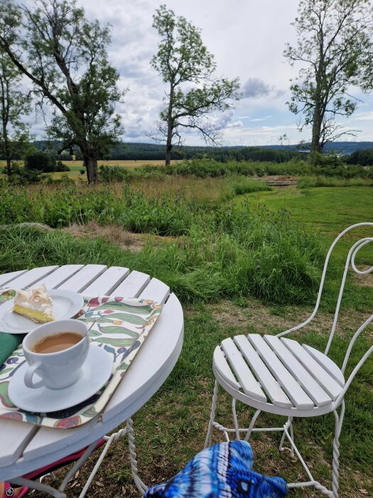 Utomhusfika med kaffe och tårta på vit bord, stol framför naturskönt landskap med träd och fält.